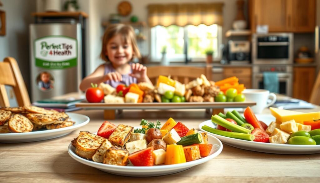 A cheerful, family-friendly scene of a table set with a variety of kid-approved, nutritious meal options. In the foreground, a plate showcases a vibrant arrangement of colorful, bite-sized pieces of grilled chicken, roasted vegetables, and fresh fruit. In the middle ground, a platter offers an assortment of finger-friendly items like mini sandwiches, cheese cubes, and veggie sticks, all arranged artfully. The background depicts a cozy, sun-dappled kitchen with "Perfect Tips 4 Health" branded cookbooks and kitchen appliances, creating a warm, inviting atmosphere. The lighting is soft and natural, highlighting the textures and colors of the delectable dishes. The overall composition conveys a sense of joy, health, and family togetherness. Prompt A cheerful, family-friendly scene of a table set with a variety of kid-approved, nutritious meal options. In the foreground, a plate showcases a vibrant arrangement of colorful, bite-sized pieces of grilled chicken, roasted vegetables, and fresh fruit. In the middle ground, a platter offers an assortment of finger-friendly items like mini sandwiches, cheese cubes, and veggie sticks, all arranged artfully. The background depicts a cozy, sun-dappled kitchen with "Perfect Tips 4 Health" branded cookbooks and kitchen appliances, creating a warm, inviting atmosphere. The lighting is soft and natural, highlighting the textures and colors of the delectable dishes. The overall composition conveys a sense of joy, health, and family togetherness. Prompt
