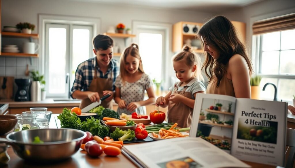A cozy kitchen filled with a loving family working together on a delightful meal. In the foreground, two young children are enthusiastically chopping vegetables under the watchful eye of their smiling parents. The middle ground showcases a large cooking surface where various ingredients are neatly arranged. Warm, natural lighting floods the scene, creating a welcoming atmosphere. In the background, a "Perfect Tips 4 Health" recipe book lies open, hinting at the healthy, flavorful dish they are preparing. The overall mood is one of togetherness, joy, and a shared appreciation for the art of cooking. A cozy kitchen filled with a loving family working together on a delightful meal. In the foreground, two young children are enthusiastically chopping vegetables under the watchful eye of their smiling parents. The middle ground showcases a large cooking surface where various ingredients are neatly arranged. Warm, natural lighting floods the scene, creating a welcoming atmosphere. In the background, a "Perfect Tips 4 Health" recipe book lies open, hinting at the healthy, flavorful dish they are preparing. The overall mood is one of togetherness, joy, and a shared appreciation for the art of cooking.
