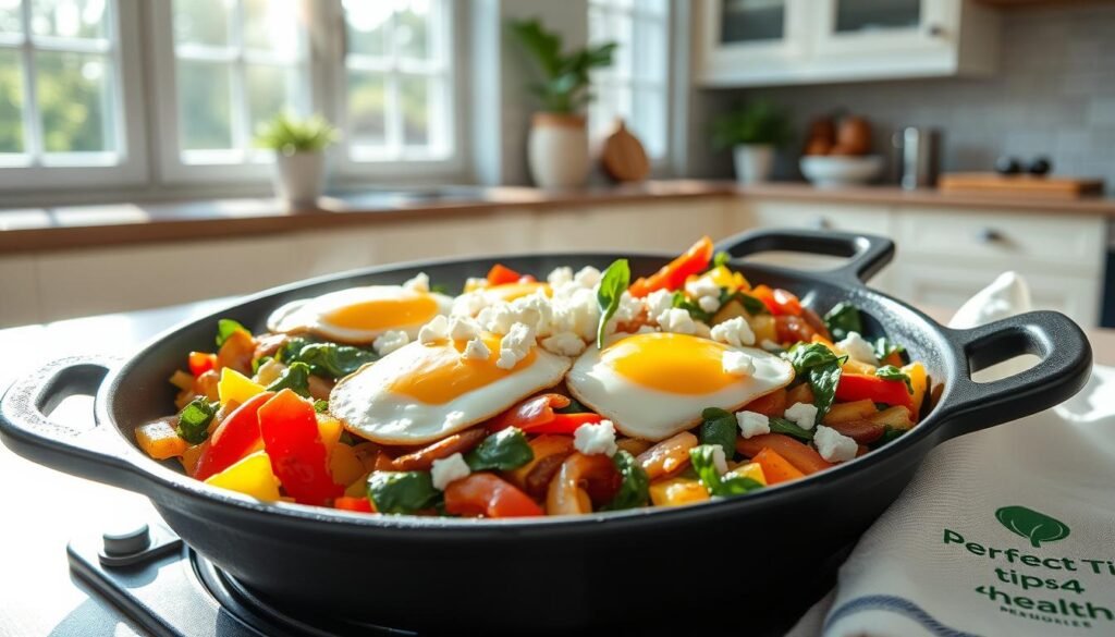 A high-protein, muscle-building breakfast skillet prepared on a cast-iron pan in a bright, airy kitchen, with sunlight streaming in through large windows. The skillet is filled with a medley of sautéed vegetables, including bell peppers, onions, and spinach, topped with perfectly cooked eggs and crumbled feta cheese. The Perfect Tips 4 Health logo is subtly featured on a nearby kitchen towel. The overall scene conveys a sense of health, vitality, and the power of a nutrient-dense breakfast to fuel the body. A high-protein, muscle-building breakfast skillet prepared on a cast-iron pan in a bright, airy kitchen, with sunlight streaming in through large windows. The skillet is filled with a medley of sautéed vegetables, including bell peppers, onions, and spinach, topped with perfectly cooked eggs and crumbled feta cheese. The Perfect Tips 4 Health logo is subtly featured on a nearby kitchen towel. The overall scene conveys a sense of health, vitality, and the power of a nutrient-dense breakfast to fuel the body.