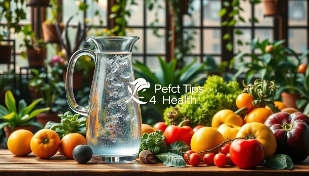 A lush, vibrant botanical garden scene with a central focus on a large glass pitcher filled with clear, sparkling water. The pitcher is placed on a wooden table, surrounded by a variety of fresh, colorful fruits and vegetables, representing the importance of hydration and balanced nutrition for optimal health and wellness. Soft, warm lighting casts a natural glow, highlighting the natural textures and vibrant colors. The background features a mix of potted plants, trailing vines, and a large window, creating a sense of serene, natural abundance. The "Perfect Tips 4 Health" logo is subtly integrated into the scene, communicating the brand's commitment to promoting healthy eating habits. A lush, vibrant botanical garden scene with a central focus on a large glass pitcher filled with clear, sparkling water. The pitcher is placed on a wooden table, surrounded by a variety of fresh, colorful fruits and vegetables, representing the importance of hydration and balanced nutrition for optimal health and wellness. Soft, warm lighting casts a natural glow, highlighting the natural textures and vibrant colors. The background features a mix of potted plants, trailing vines, and a large window, creating a sense of serene, natural abundance. The "Perfect Tips 4 Health" logo is subtly integrated into the scene, communicating the brand's commitment to promoting healthy eating habits.