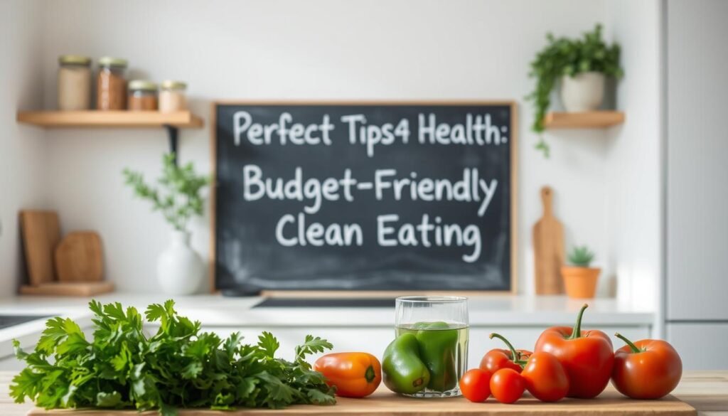 A minimalist, modern kitchen setting with natural lighting and clean lines. In the foreground, a cutting board with fresh produce - leafy greens, bell peppers, tomatoes, and a glass of water. In the middle ground, a chalkboard displaying the text "Perfect Tips 4 Health: Budget-Friendly Clean Eating". The background features wooden shelves with jars of dry goods and a potted plant. The overall mood is bright, airy, and inviting, promoting a healthy, cost-conscious lifestyle. A minimalist, modern kitchen setting with natural lighting and clean lines. In the foreground, a cutting board with fresh produce - leafy greens, bell peppers, tomatoes, and a glass of water. In the middle ground, a chalkboard displaying the text "Perfect Tips 4 Health: Budget-Friendly Clean Eating". The background features wooden shelves with jars of dry goods and a potted plant. The overall mood is bright, airy, and inviting, promoting a healthy, cost-conscious lifestyle.