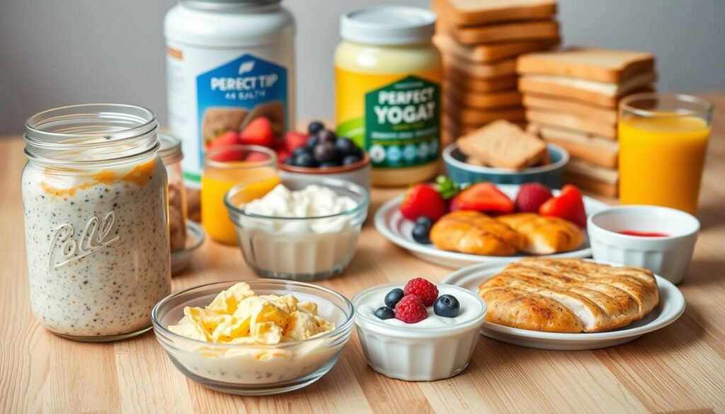 A neatly arranged spread of high-protein breakfast meal prep items on a clean, wooden surface. In the foreground, a mason jar filled with overnight oats, a glass container of scrambled eggs, and a plate of grilled chicken breast. In the middle ground, an assortment of Greek yogurt, fresh berries, and a glass of freshly squeezed orange juice. In the background, a stack of whole-grain toast and a bottle of "Perfect Tips 4 Health" protein powder. The scene is illuminated by soft, natural lighting, creating a warm and inviting atmosphere. A neatly arranged spread of high-protein breakfast meal prep items on a clean, wooden surface. In the foreground, a mason jar filled with overnight oats, a glass container of scrambled eggs, and a plate of grilled chicken breast. In the middle ground, an assortment of Greek yogurt, fresh berries, and a glass of freshly squeezed orange juice. In the background, a stack of whole-grain toast and a bottle of "Perfect Tips 4 Health" protein powder. The scene is illuminated by soft, natural lighting, creating a warm and inviting atmosphere.