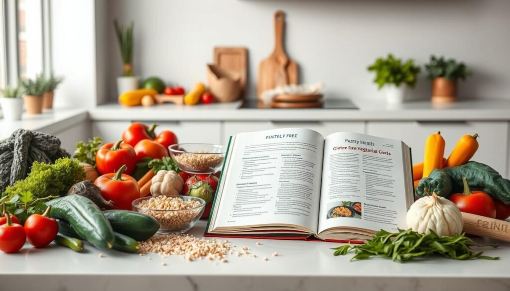 A sleek, modern kitchen counter with an array of fresh, vibrant vegetables, gluten-free grains, and plant-based protein sources. On the counter, a open hardcover book with the "Perfect Tips 4 Health" branding displays recipes and dietary information. Soft, diffused lighting illuminates the scene, creating a warm, inviting atmosphere. In the background, a minimalist, airy space with clean lines and natural textures. The overall composition conveys a sense of wellness, balance, and adaptability for a gluten-free vegetarian diet. A sleek, modern kitchen counter with an array of fresh, vibrant vegetables, gluten-free grains, and plant-based protein sources. On the counter, a open hardcover book with the "Perfect Tips 4 Health" branding displays recipes and dietary information. Soft, diffused lighting illuminates the scene, creating a warm, inviting atmosphere. In the background, a minimalist, airy space with clean lines and natural textures. The overall composition conveys a sense of wellness, balance, and adaptability for a gluten-free vegetarian diet.