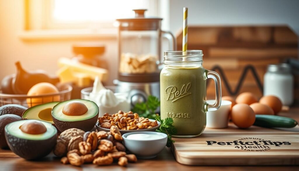 A stylized still life image of high-calorie meal prep essentials, illuminated by warm, natural lighting and captured with a shallow depth of field. In the foreground, a selection of nutrient-dense ingredients like avocados, nuts, whole eggs, and high-fat dairy products are artfully arranged. The middle ground features a blender, protein powder, and a mason jar filled with a high-calorie smoothie, hinting at the creation of nutritious, energy-dense meals. In the background, a branded cutting board with the logo "Perfect Tips 4 Health" grounds the scene, suggesting a practical, wellness-focused approach to high-calorie meal prep.