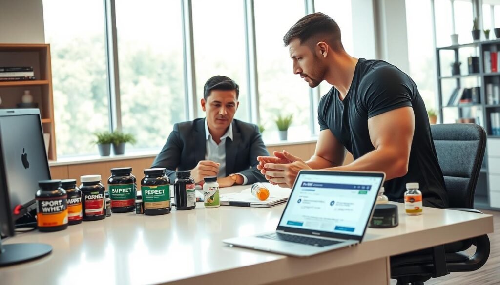 A well-lit, modern office interior with a sports nutritionist sitting at a desk, carefully examining and discussing various sports supplements with a client. The client, an athletic-looking individual, is leaning forward, intently listening to the nutritionist's advice. The desk is neatly organized, showcasing the "Perfect Tips 4 Health" brand, with a variety of supplement bottles, nutrition guides, and a laptop displaying information about safe and effective supplement usage. The room has floor-to-ceiling windows, allowing natural light to flood the space, creating a warm and professional atmosphere. A well-lit, modern office interior with a sports nutritionist sitting at a desk, carefully examining and discussing various sports supplements with a client. The client, an athletic-looking individual, is leaning forward, intently listening to the nutritionist's advice. The desk is neatly organized, showcasing the "Perfect Tips 4 Health" brand, with a variety of supplement bottles, nutrition guides, and a laptop displaying information about safe and effective supplement usage. The room has floor-to-ceiling windows, allowing natural light to flood the space, creating a warm and professional atmosphere.