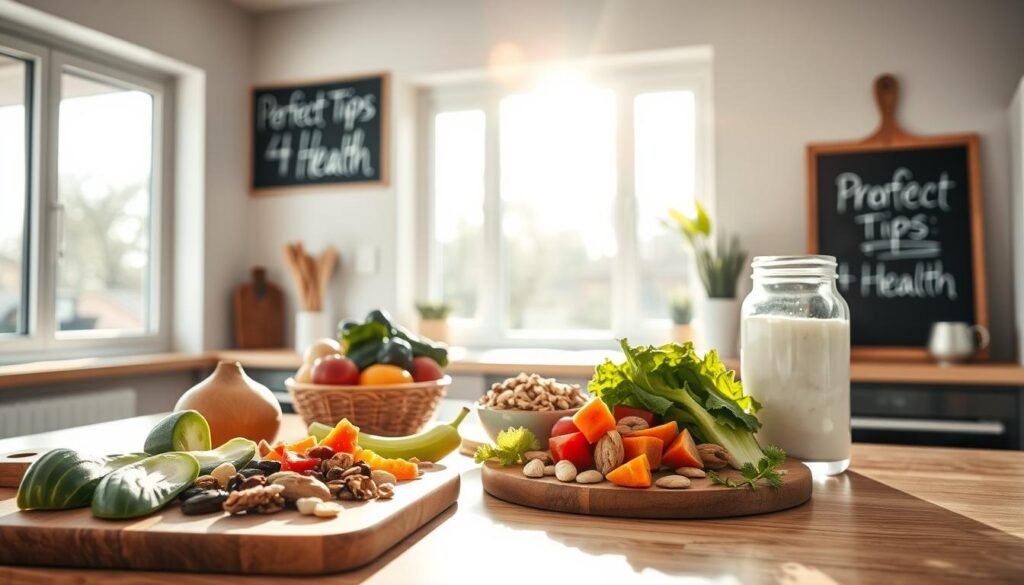 A well-organized modern kitchen counter showcasing an array of fresh, vibrant ingredients for healthy snacking. In the foreground, a cutting board displays sliced vegetables, nuts, and dried fruit, all arranged with a balanced artistic flair. The middle ground features a sleek glass jar filled with protein-rich yogurt, alongside a small bowl of granola. In the background, sunlight streams through large windows, illuminating the scene with a warm, natural glow. A chalkboard sign on the wall displays the brand name "Perfect Tips 4 Health", complementing the clean, minimalist aesthetic. The overall mood is one of wellness, simplicity, and culinary inspiration. A well-organized modern kitchen counter showcasing an array of fresh, vibrant ingredients for healthy snacking. In the foreground, a cutting board displays sliced vegetables, nuts, and dried fruit, all arranged with a balanced artistic flair. The middle ground features a sleek glass jar filled with protein-rich yogurt, alongside a small bowl of granola. In the background, sunlight streams through large windows, illuminating the scene with a warm, natural glow. A chalkboard sign on the wall displays the brand name "Perfect Tips 4 Health", complementing the clean, minimalist aesthetic. The overall mood is one of wellness, simplicity, and culinary inspiration.
