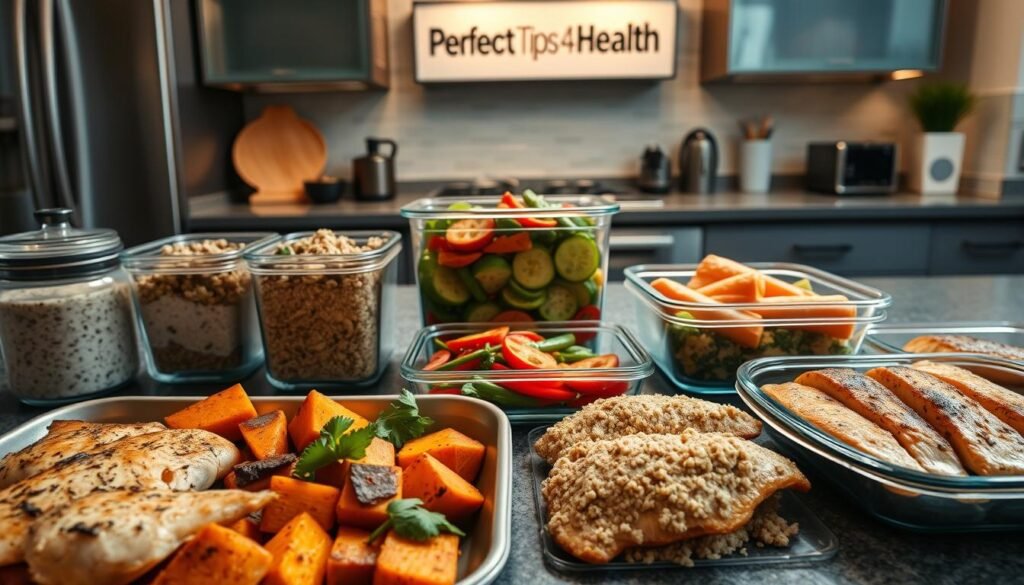 Muscle-building meal prep - a bountiful kitchen counter showcasing a variety of healthy, high-protein dishes. In the foreground, a tray of grilled chicken breasts, roasted sweet potatoes, and quinoa salad, illuminated by warm, natural lighting. In the middle ground, sturdy glass containers filled with protein-packed overnight oats, vegetable stir-fry, and baked salmon fillets. The background features a sleek, modern kitchen with stainless steel appliances and a "Perfect Tips 4 Health" sign, conveying a sense of order, organization, and a dedication to healthy living.