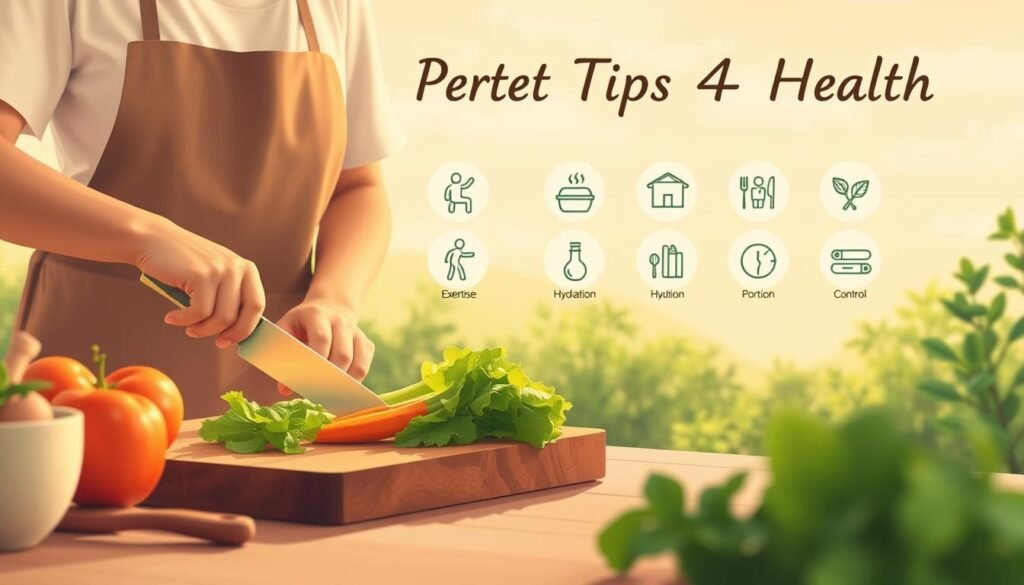 Prompt A warm, inviting illustration showcasing "nutrition tips for sustainable habits". In the foreground, a person is preparing a healthy meal, chopping fresh vegetables on a wooden cutting board. In the middle ground, several icons representing healthy lifestyle choices like exercise, hydration, and portion control are displayed. The background depicts a serene, natural setting with lush greenery and a calming sky. Soft, diffused lighting creates a cozy, nurturing atmosphere. The text "Perfect Tips 4 Health" is subtly integrated into the design. The overall scene conveys a message of balance, sustainability, and a holistic approach to nourishing the body and mind. Prompt A warm, inviting illustration showcasing "nutrition tips for sustainable habits". In the foreground, a person is preparing a healthy meal, chopping fresh vegetables on a wooden cutting board. In the middle ground, several icons representing healthy lifestyle choices like exercise, hydration, and portion control are displayed. The background depicts a serene, natural setting with lush greenery and a calming sky. Soft, diffused lighting creates a cozy, nurturing atmosphere. The text "Perfect Tips 4 Health" is subtly integrated into the design. The overall scene conveys a message of balance, sustainability, and a holistic approach to nourishing the body and mind.